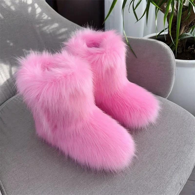 Fashion New Winter Fur Onepiece Raccoon Fur Female Snow Boots Fur Shoes Outdoor Mid Leg Boots
