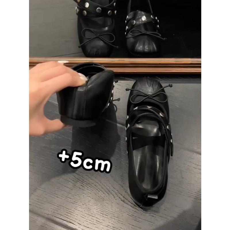 Sheepskin~ Genuine leather French bow flat bottom inner height increase 5cm shallow mouth single shoes women's rivets cross belt Mary Jane shoes