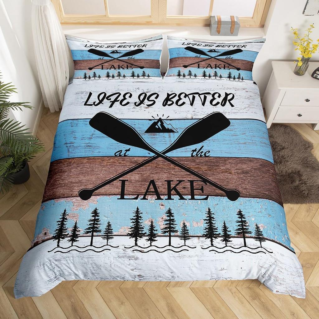 Rustic Farmhouse Duvet Cover Summer Lake Bedding Set For Boys Men Twin Flip Flop Paddle Quilt Cover Vintage Wood Texture Bed Set