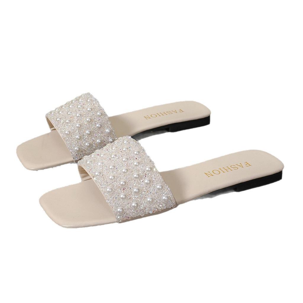 2025 new fashion pearl flat-bottomed slippers women's low-heeled outer wear beach cool slippers summer casual open-toed slippers