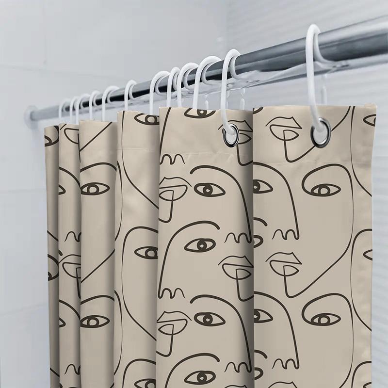 Modern Art Shower Curtain With Black Line Drawing Of Faces For Bathroom Decor White Color Polyester Fabric With Hook Rings Perfe