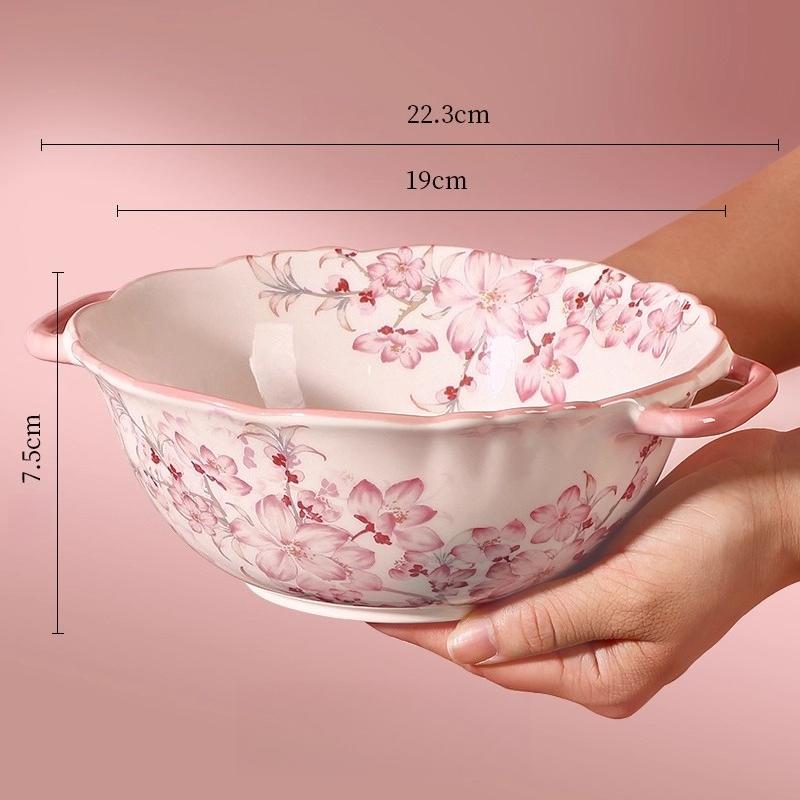 

Керамические суповые миски с цветочным узором и двойными ручками, большая сервировочная миска 900 мл для салата, пасты, хлопьев, фруктов, удона, подходит для микроволновой печи и духовки розовый