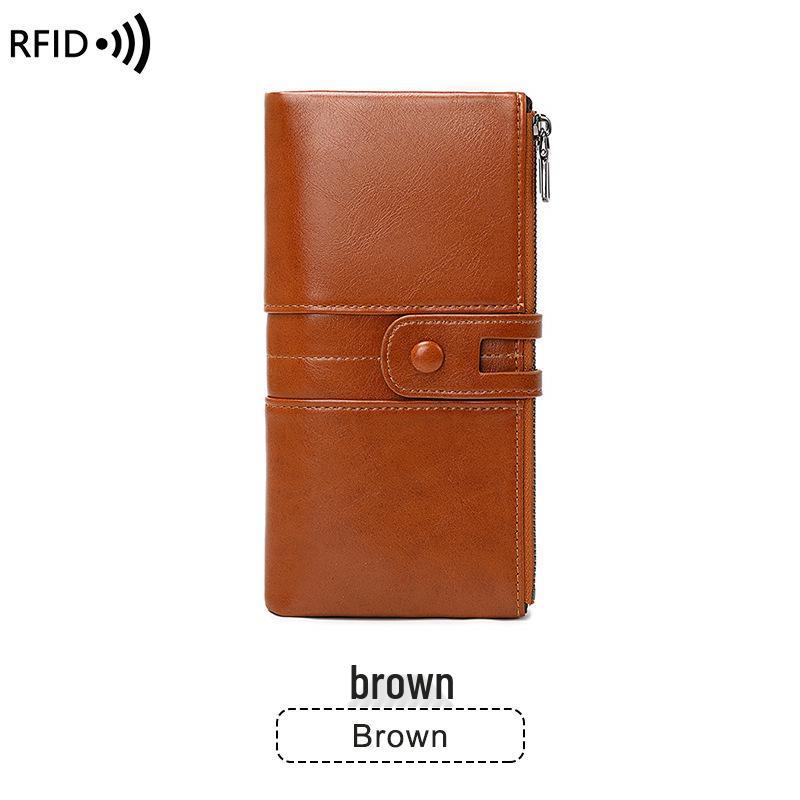 RFID Anti-Theft Waxed Leather Ladies Double Zipper Long Wallet and Clutch