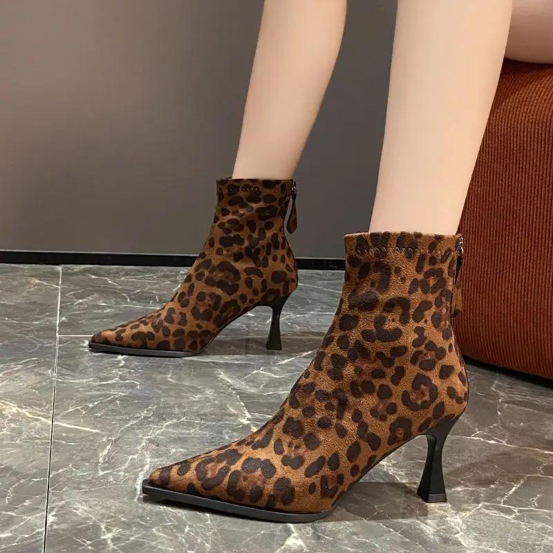 New Spicy Girl Sexy Heels for Ladies Leopard Print Pointed Suede Thin Heel Short Boots for Women High Heels Fashion Boots Trend