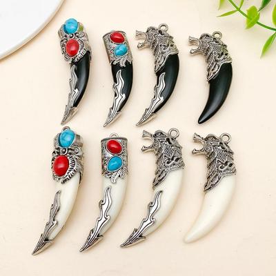 Retro Ethnic Wolf Tooth Pendant Earrings & Necklace with Tibetan Silver Resin Inlay