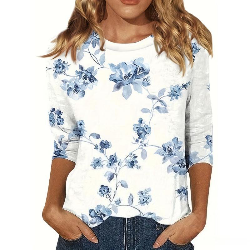 Spring and Autumn Round Neck 3D Flower Pattern Printed Top Fashionable Casual Elegant Long Sleeved Women's T-shirts
