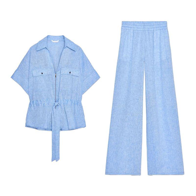 Lapel Curling Short sleeve Linen Blend Travel Hunting Shirts 2273996 High Waist Wide Leg Pants 2116996