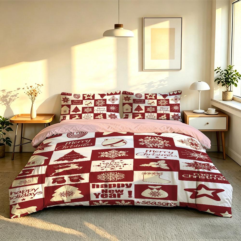Christmas Duvet Cover Set 3Pcs Red White Patchwork Reindeer Snowflake Print Soft Microfiber Bedding with Pillowcases