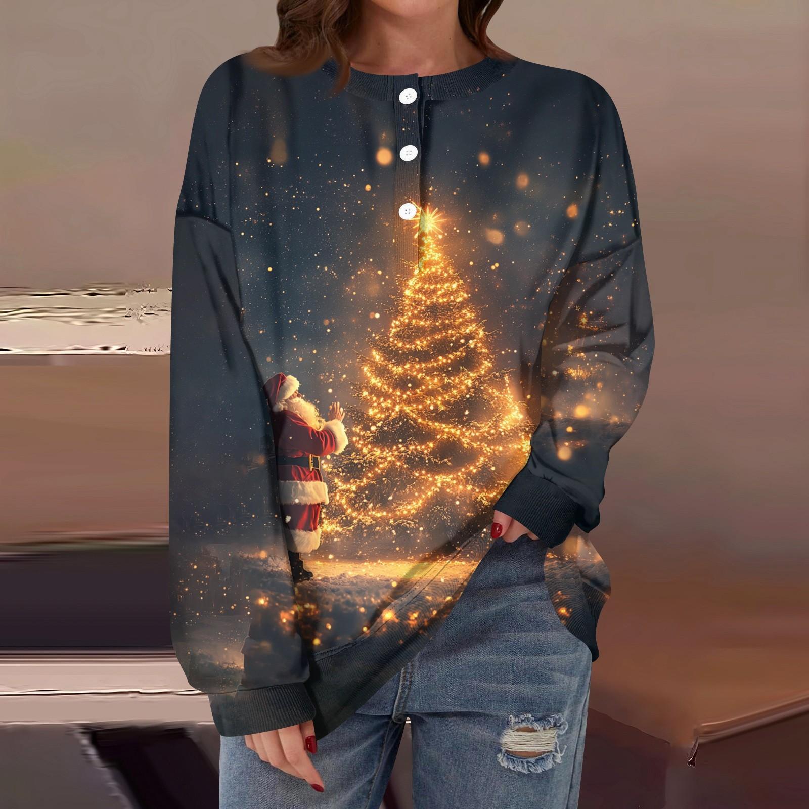 

Женская повседневная мода, удобная рождественская футболка с длинным рукавом, круглым вырезом, пуговицами, свободным подолом и боковыми разрезами XL