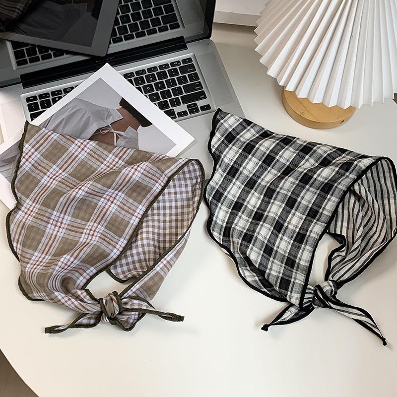 Triangle scarf scarf women's new small fresh literary plaid silk scarf neck protection small scarf sun protection headscarf headband