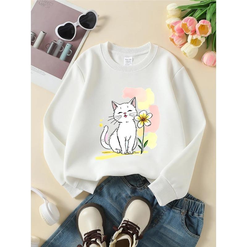 European sizes Kids' Crewneck Sweatshirt - Cute White Cat with Flower , Sportswear And Casual Wear, Soft And Comfortable