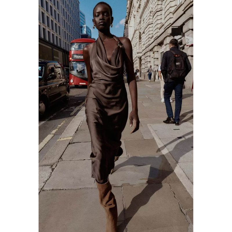 Counter Same Zbzr New Fall Women's Clothing Fashionable Asymmetric Silk Satin Texture Midi Skirt Dress 8094851