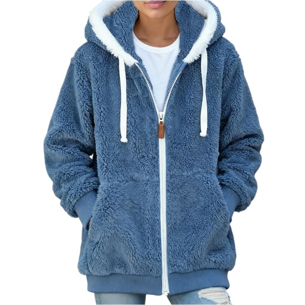 Dámská módní jednobarevná volná mikina s kapucí, dlouhým rukávem, kapsami a zapínáním na zip, plyšová a hřejivá bunda