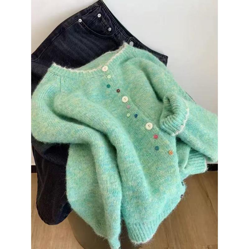 

Color button green round neck long sleeve knitted cardigan sweater jacket women s new small wear early autumn top L