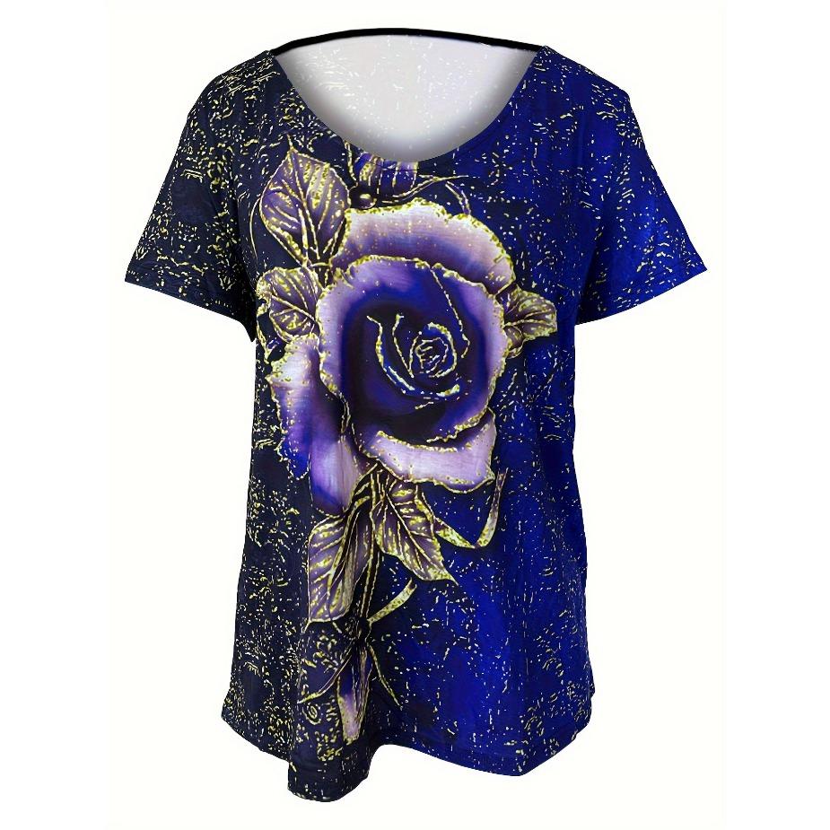 Stylish Rose 3D Print V Neck T-shirt - Women's Casual Short Sleeve Medium Stretch T-Shirts