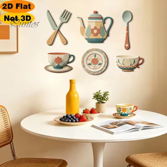 Soft Tone Kitchen Wall Stickers 7Pcs 2D Flat Wooden Decor, Retro Teapot Tableware Themed Vintage Pattern Art, Self?Adhesive Plaques for Dining Room