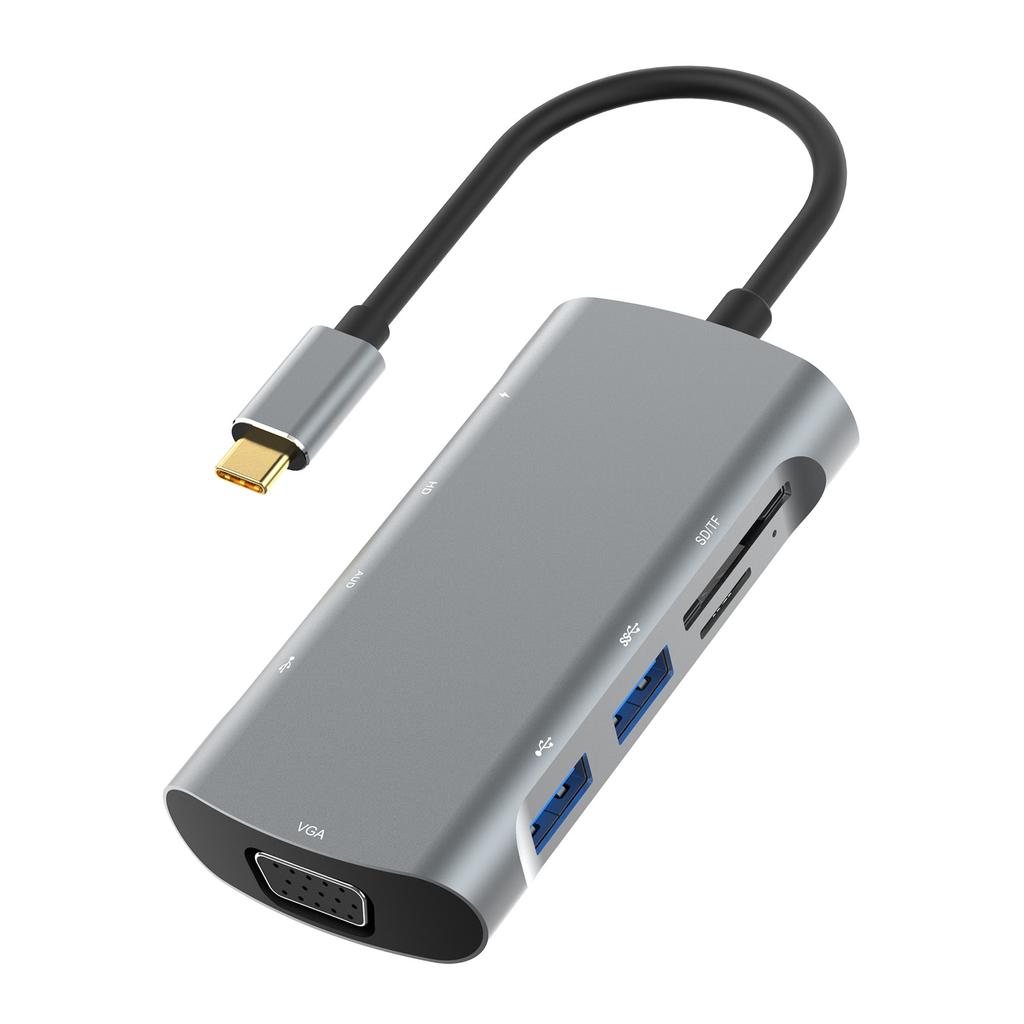 USB C Hub 9 In 1 Docking Station Type C M to PD+USB3.0+USB2.0*2+Card Reader+HD+VGA Support 4K*2K 30Hz Output