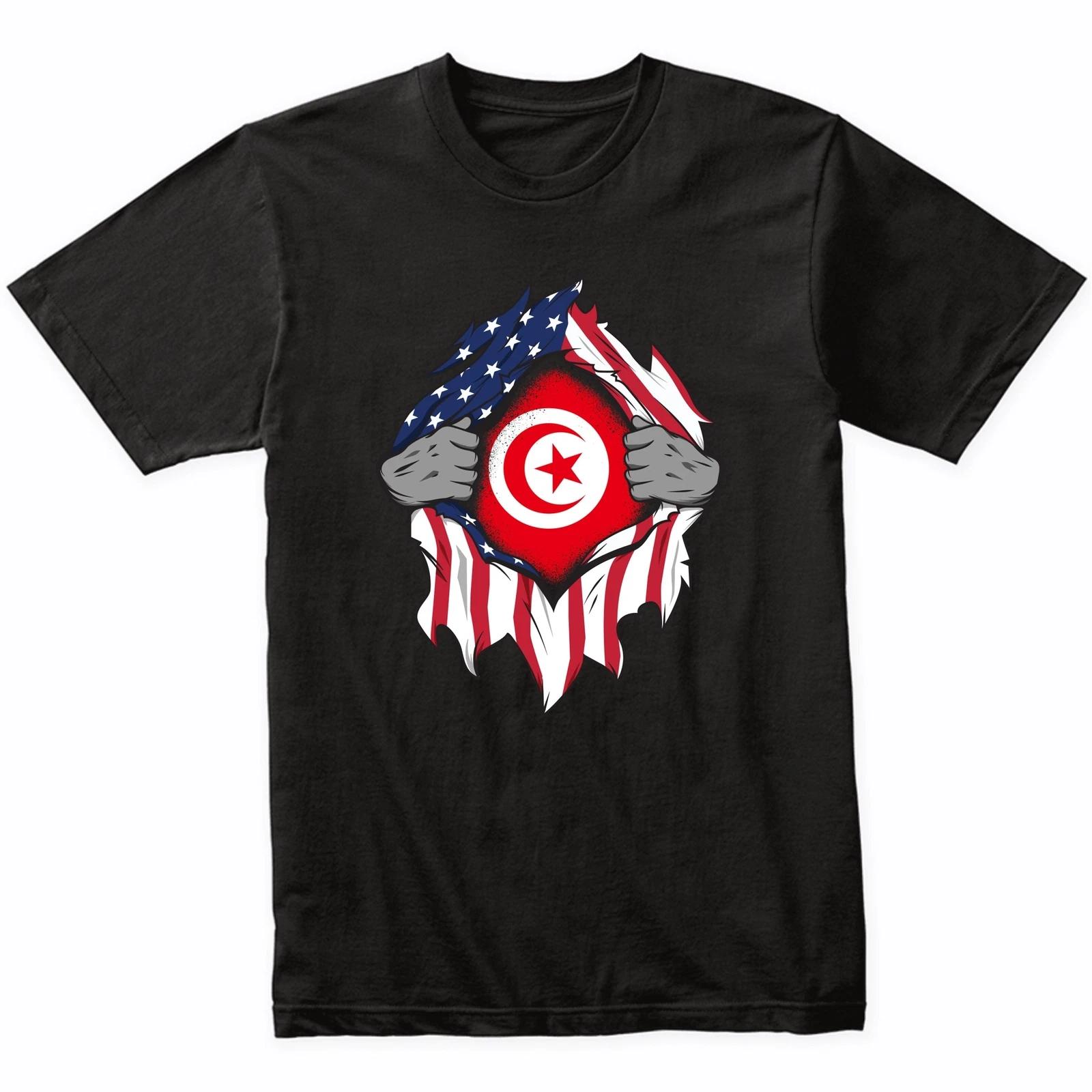 Tunisian American Flags Hands Ripping Flag on Chest T-Shirt - Tunisia Flag Shirt 2XL