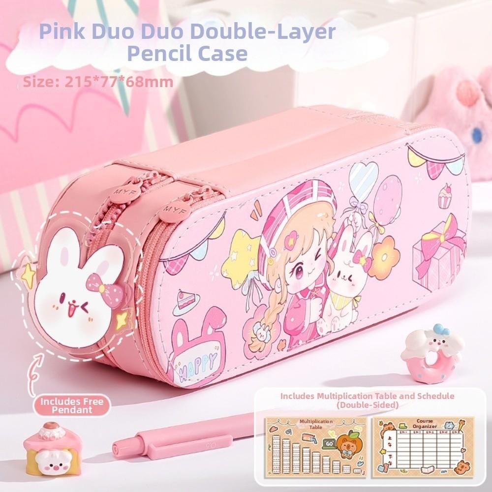 PU Leather Material Multi-Functional Pencil Box Layered Structure Cartoon Storage Box  Office Use