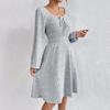 Autumn And Winter Square Neck Waist Large Hem Solid Colour Fashion Pit Stripe Long Sleeve Dresses