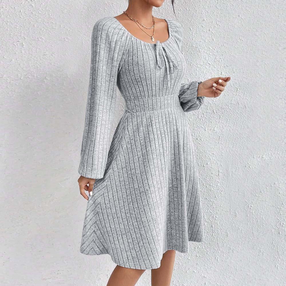 Autumn And Winter Square Neck Waist Large Hem Solid Colour Fashion Pit Stripe Long Sleeve Dresses