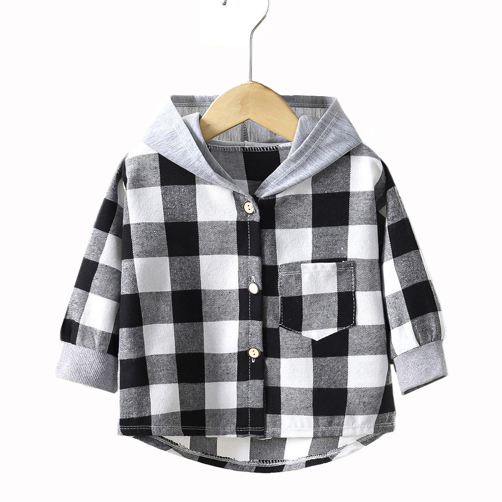 Plaid Hooded Kids Shirt Young Children’s Long Sleeve Blouse Boy Girl Casual Outerwear