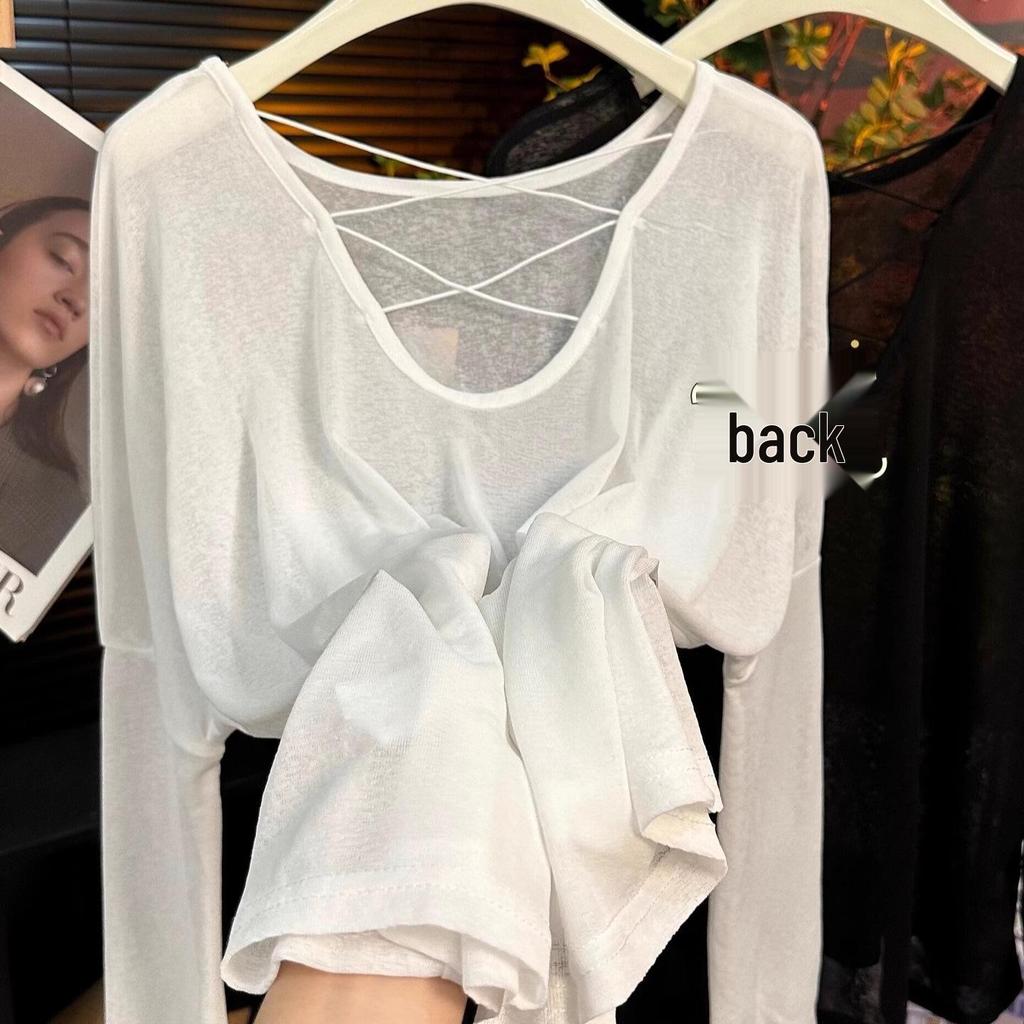 2025 Summer Ice Silk Backless Cutout Sun Protection Cardigan - Slimming Loose Fit Long Sleeve Top