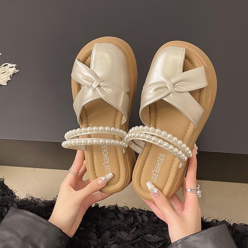 Hollow Bag Head Half Slippers Women's Summer Wear 2025 New Beaded Bow with Skirt Thick Bottom Heightening Cool Slippers