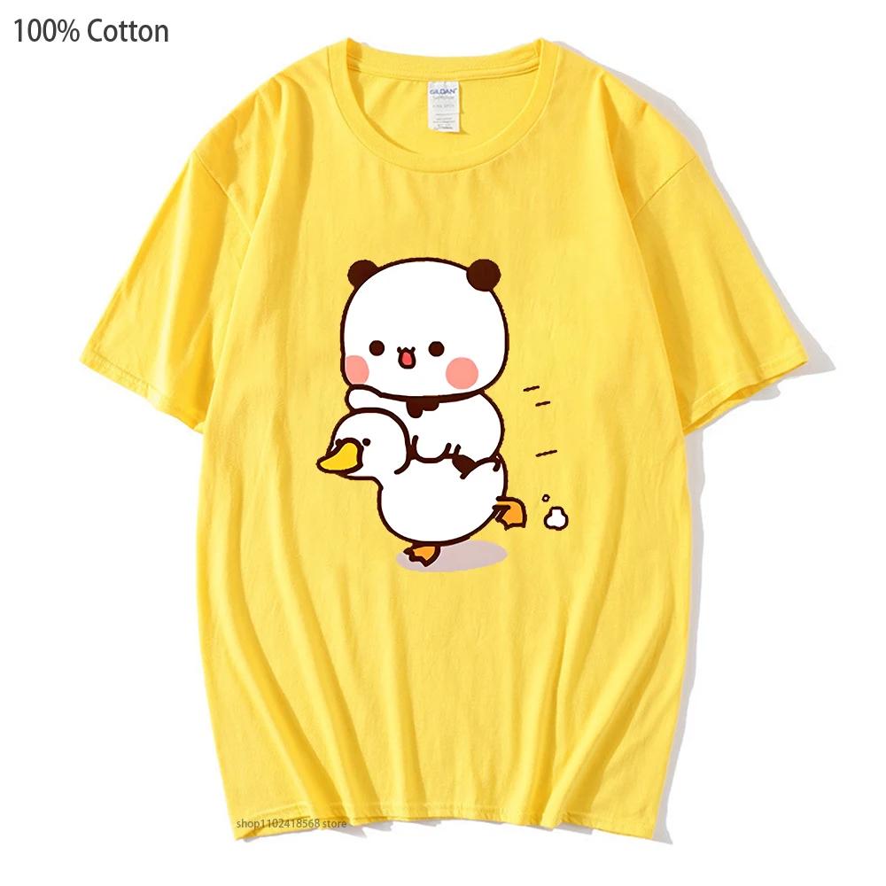 Cute Bubu and Duud Is Riding A White Duck Tshirt Panda and Brownie Bear Clothes Cotton T-Shirts for Men Women Couple