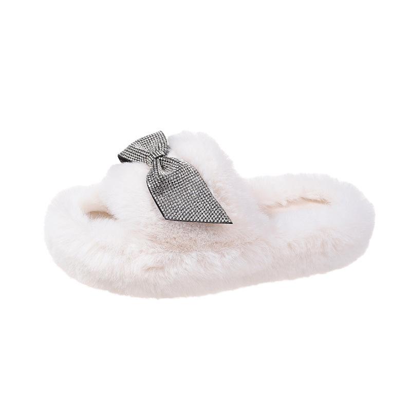 

2025 Autumn New Home Furry Slippers Women s Three-Dimensional Bow Plush One-Line Indoor Cotton Slippers 35