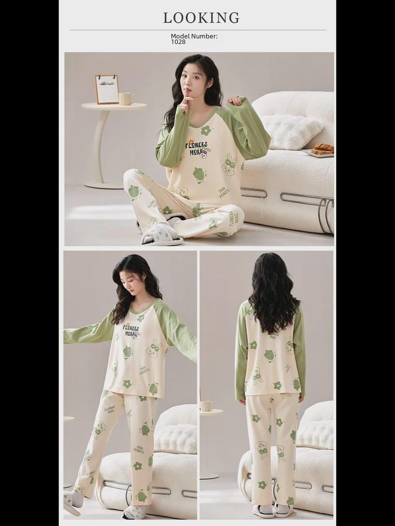 Women's Cartoon Long-Sleeve Pajamas with Chest Pads - Lightweight Home Loungewear for Autumn and Spring