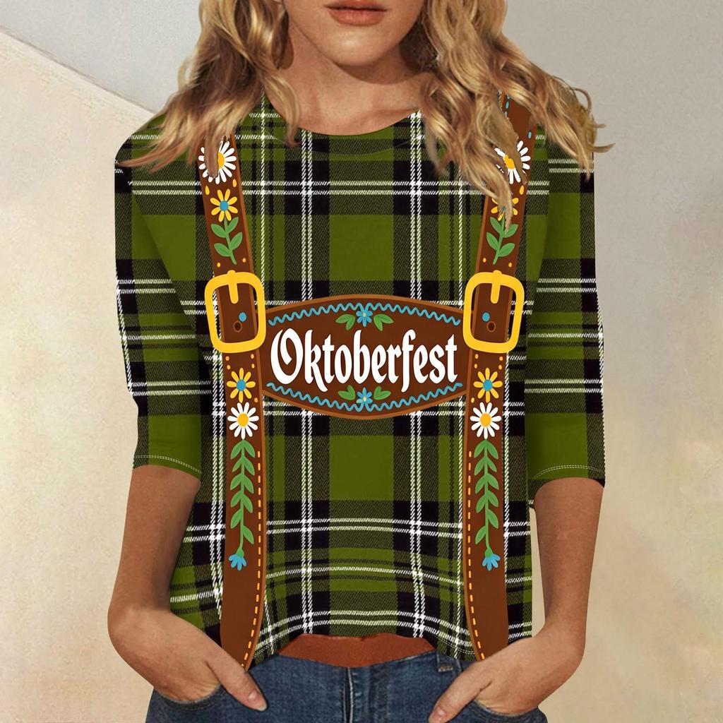 Women Casual Three Quarter Sleeve Oktoberfest Print Round Neck Top Lightweight Soft Fabric Festival Shirt