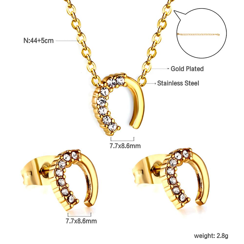 Fashion Versatile Sticky Diamond Jewelry Small Fresh Crown Heart Pendant Necklace Small Earrings Stainless Steel Jewelry Set Women