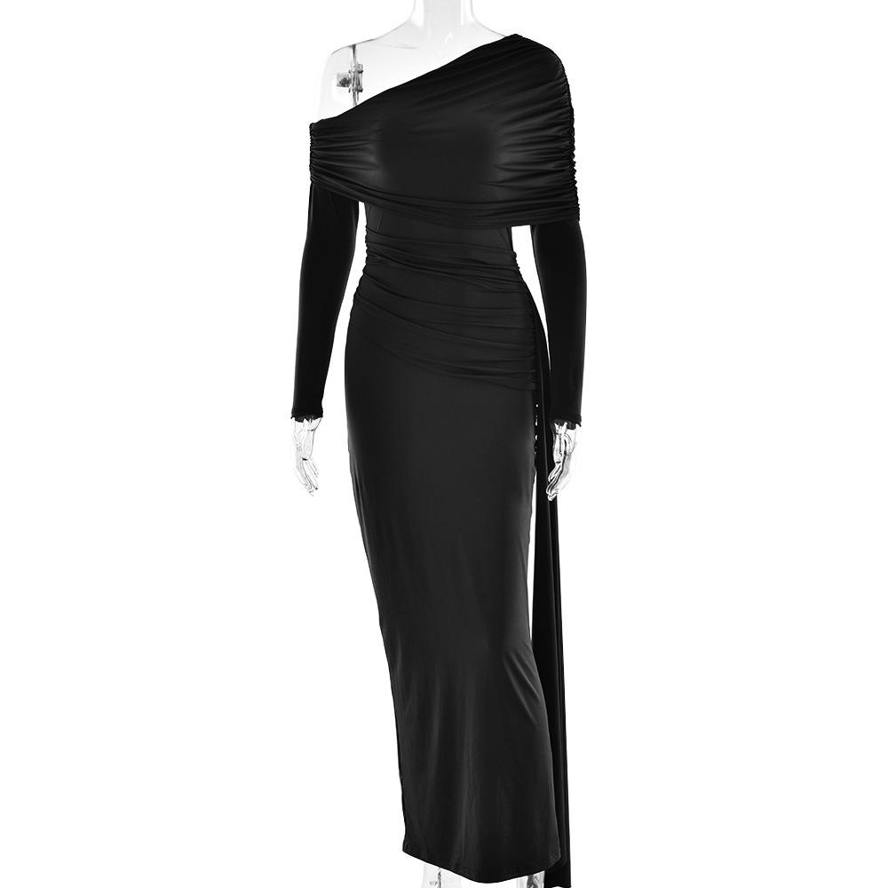 Women's One Shoulder Long Sleeve Maxi Dress Fitted High Waist Ruched Drape Sash Bodycon Evening Gown