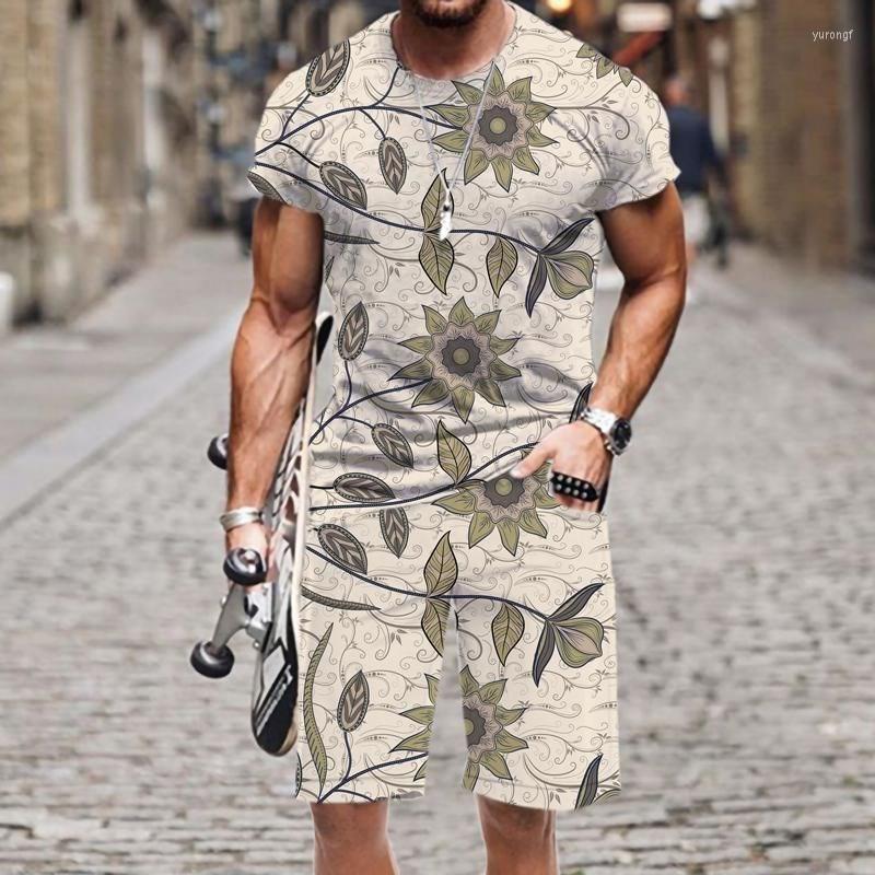 New Men's Tracksuits Vintage Pattern 3D Print Men's Round Neck T-shirt Set Casual Shorts 2 Piece Summer Street Man Clothing