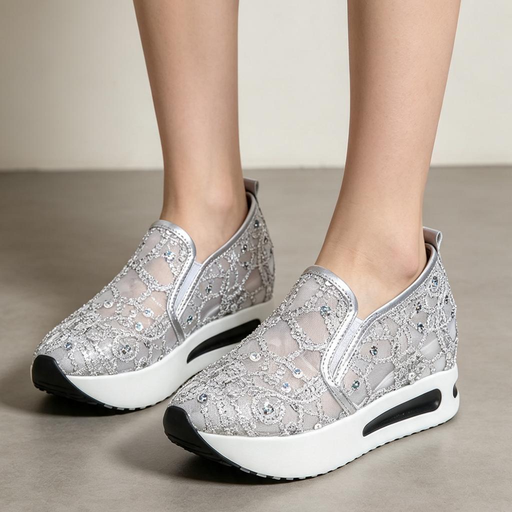 Women's Lace Sequin Embroidered Flat Shoes with Inner Lift for Daily Wear