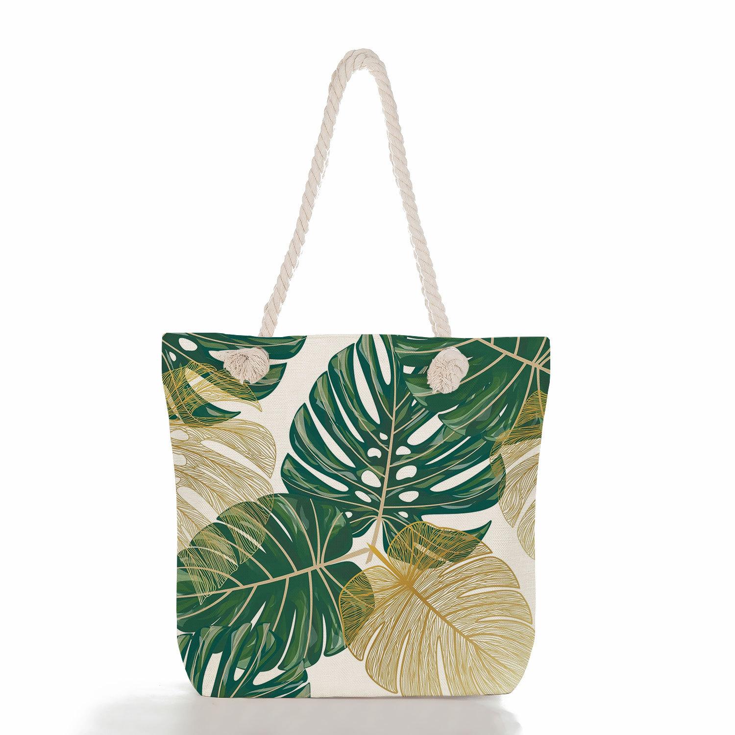

Multifunctional Green leaves Printed Thick Rope Shoulder Beach Bag Casual large capacity handbag 7605 KTB