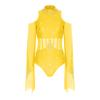 Womens Lyrical Dance Leotard Cold Shoulder Long Sleeves Sheer Mesh Waist One Piece Bodysuit Dancewear