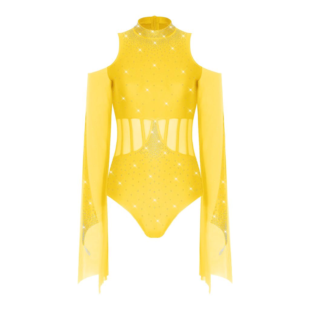 Womens Lyrical Dance Leotard Cold Shoulder Long Sleeves Sheer Mesh Waist One Piece Bodysuit Dancewear