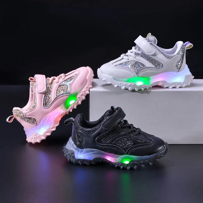 New Girl Sneakers Fashion Comfort Child Shoes Anti Slip Soft LED Lights Boy Shoes Trendy Spring Girl Shoe Simple Casual Shoe