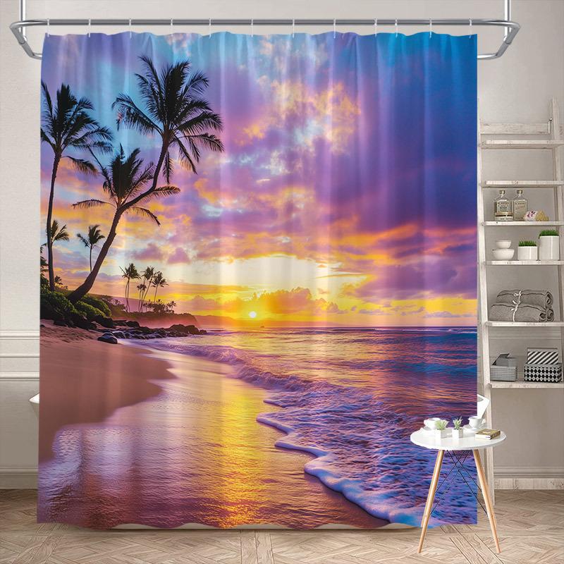 Tropical Beach Sunset Shower Curtain - Palm Trees, Waves, Washable Polyester with Hooks