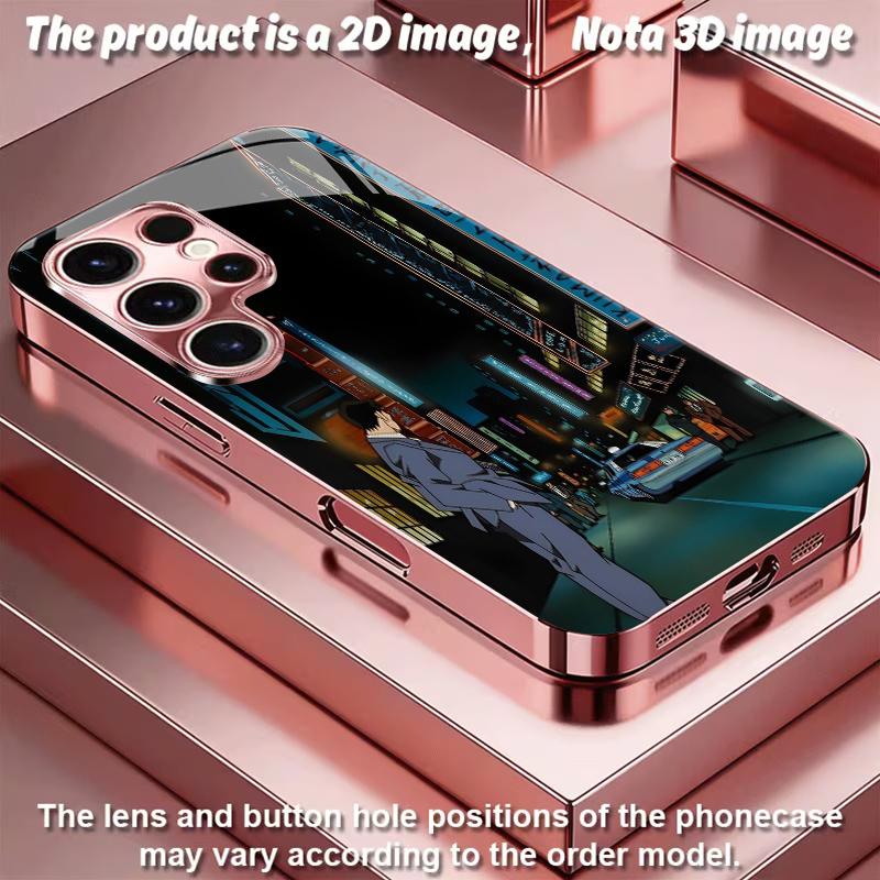 2DFlat Samsung electroplated tempered glass phone case,Neon City Night SceneSuitable for Galaxy S26 S23 S24FE S25ULTRA S22 S21