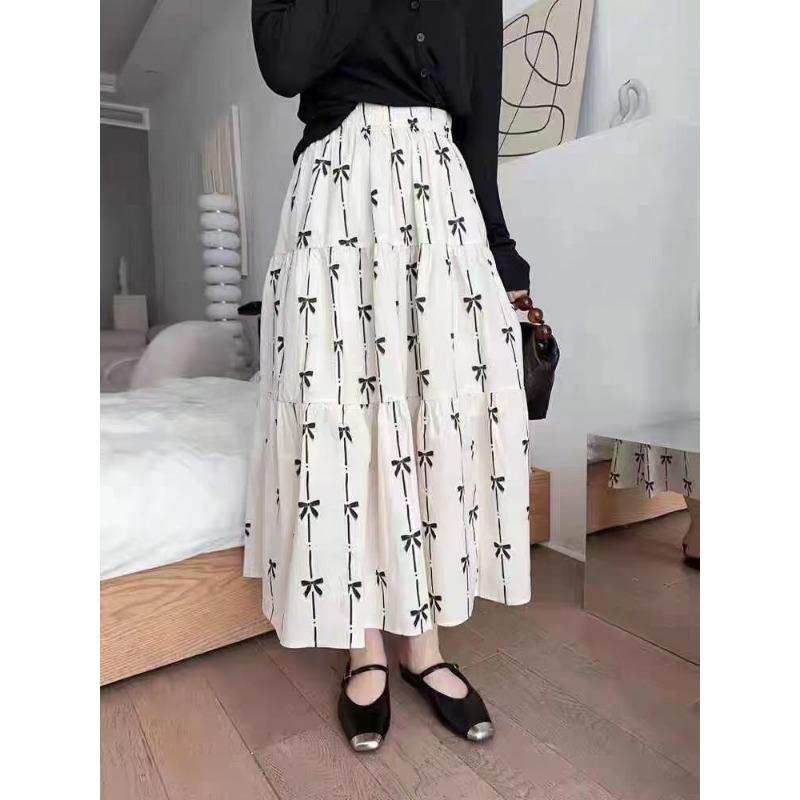 

DX~~Эластичная юбка с высокой талией, женский узор с бантом, утягивающая юбка А-силуэта средней длины, летняя большая распашная юбка в стиле ретро One size белый