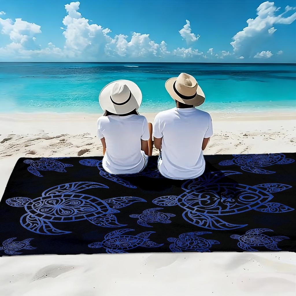 1pc, Blue Ocean Style Large Soft Beach Towel with Turtle Totem Print, Microfiber Bath Towel, Quick-Drying and Super Absorbent