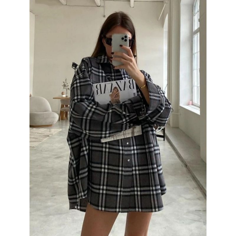 Fashion Retro Plaid Loose Long Sleeve Shirt Shirt Women Oversize Blouse Shirt Women