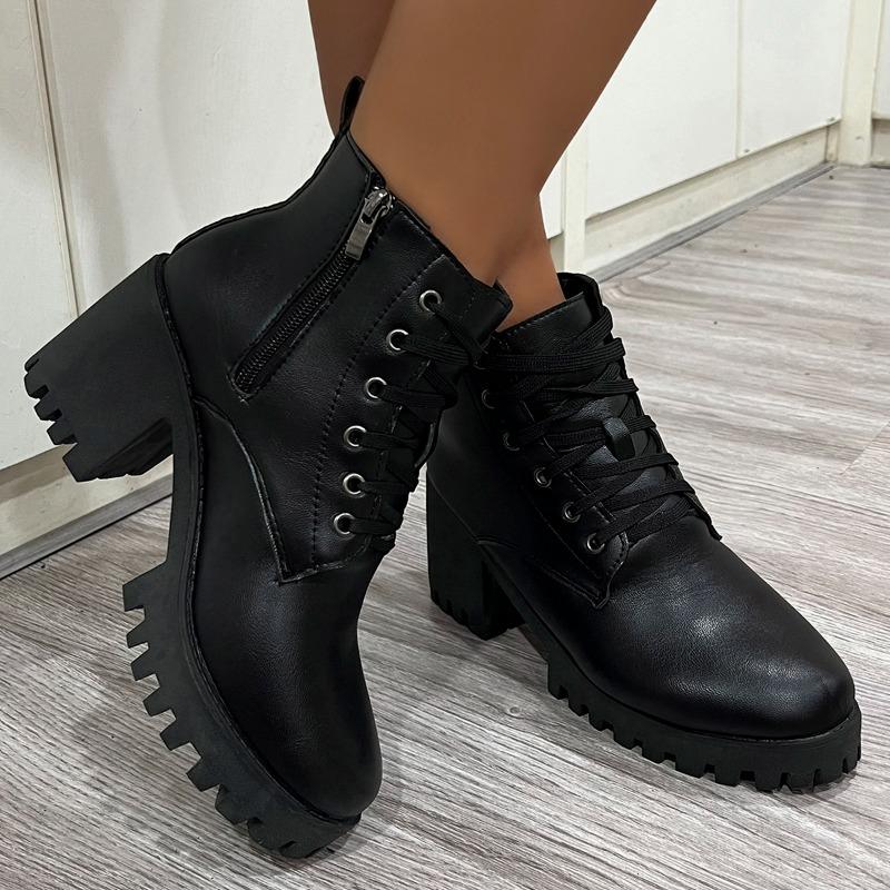 Fashion 2025Block Heel Short Thigh Boots Women's Fashion Round Toe Lace-Up Front Side Zipper Platform Waterproof Non-Slip Heels
