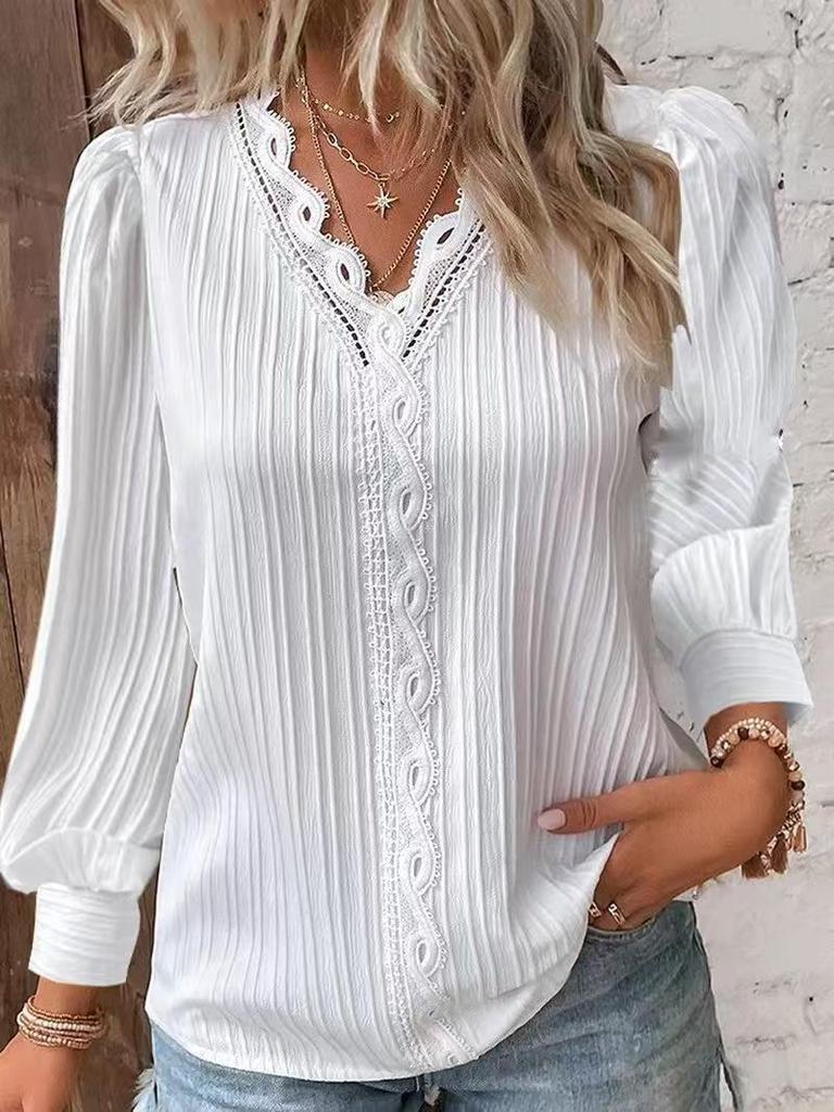 Autumn V-Neck Lace Splice Long Sleeve Shirt for Women