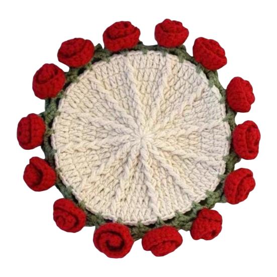Crochet Rose Bouquet Coaster Heat-resistant DIY Handmade Knitting Flower Coffee Mug Cup Mat Kitchen Countertop Table Desk Decoration
