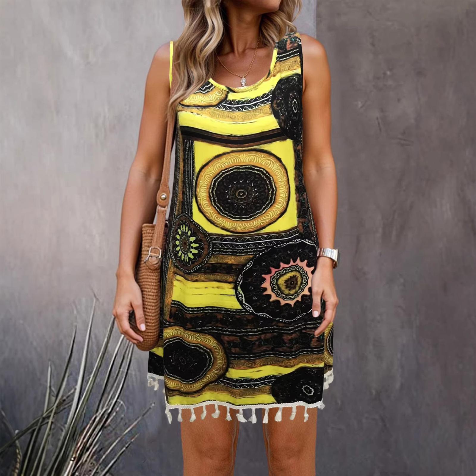 

Ladies Casual Sleeveless Printed Dress With Tassel L жовтий
