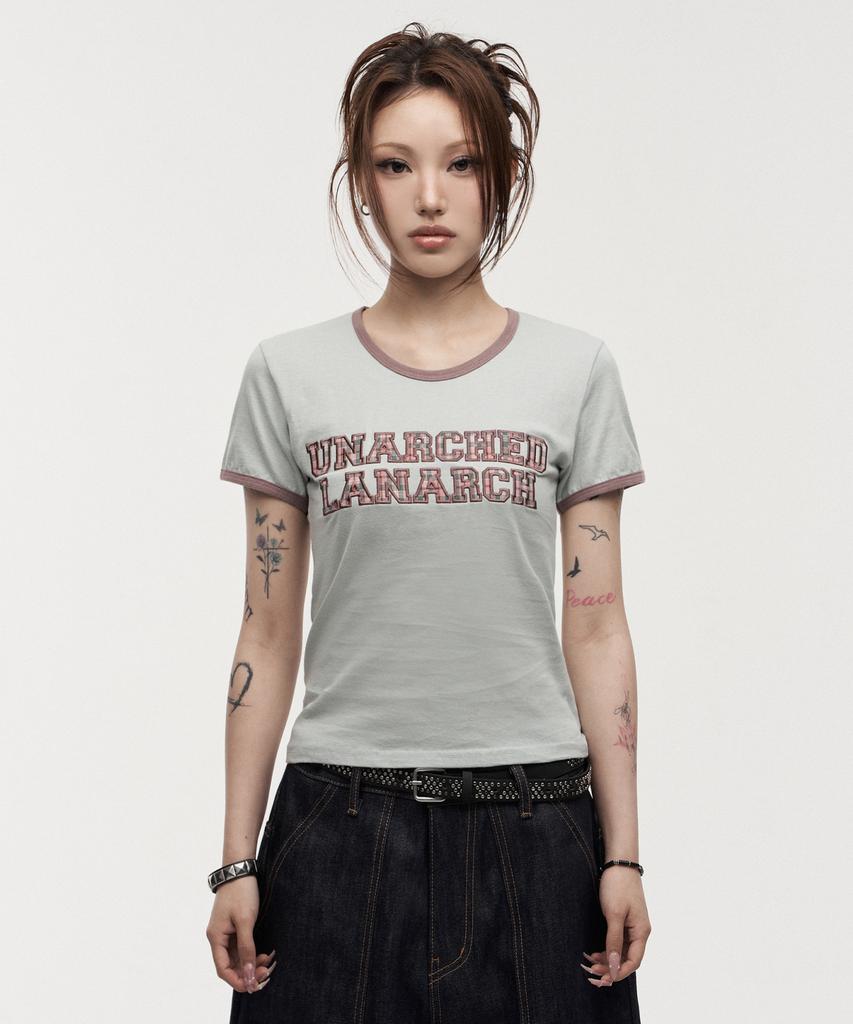 LANARCHIVE [0141] Lettering Applique Women'S Ringer T-Shirt - Dusty Mint